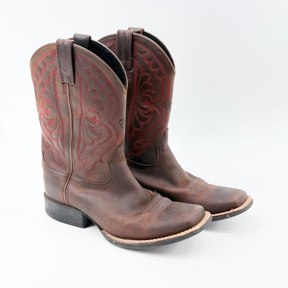 Ariat Kids Brown Leather Western Cowboy Boots Red Stitching 10004853 Size 2